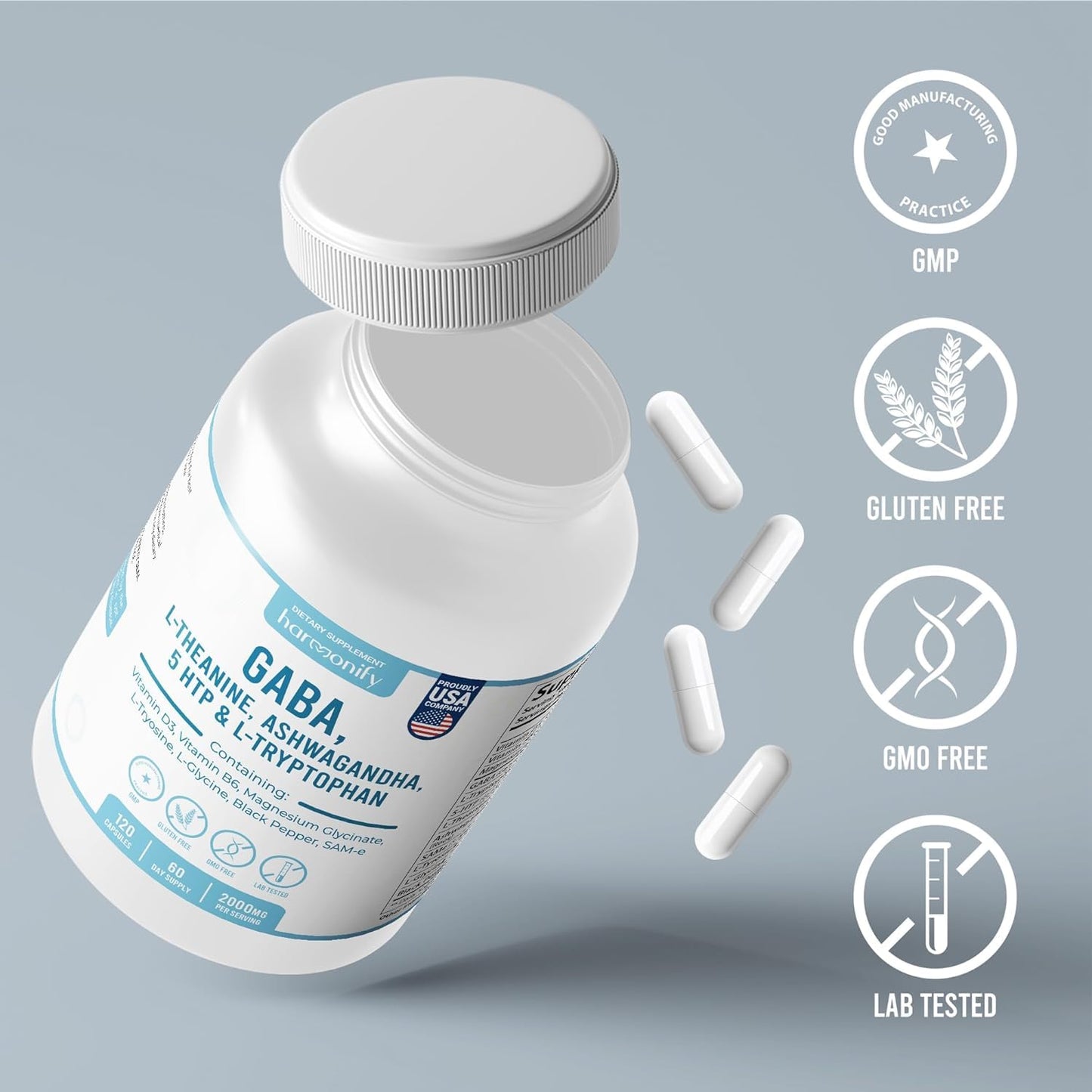 HARMONIFY GABA L-Theanine Supplements with Magnesium Glycinate, Ashwagandha, Same, 5-HTP and L-Tryptophan, 12 in 1 Supplements, 120 Capsules, 2000 mg - dailyvitalstore