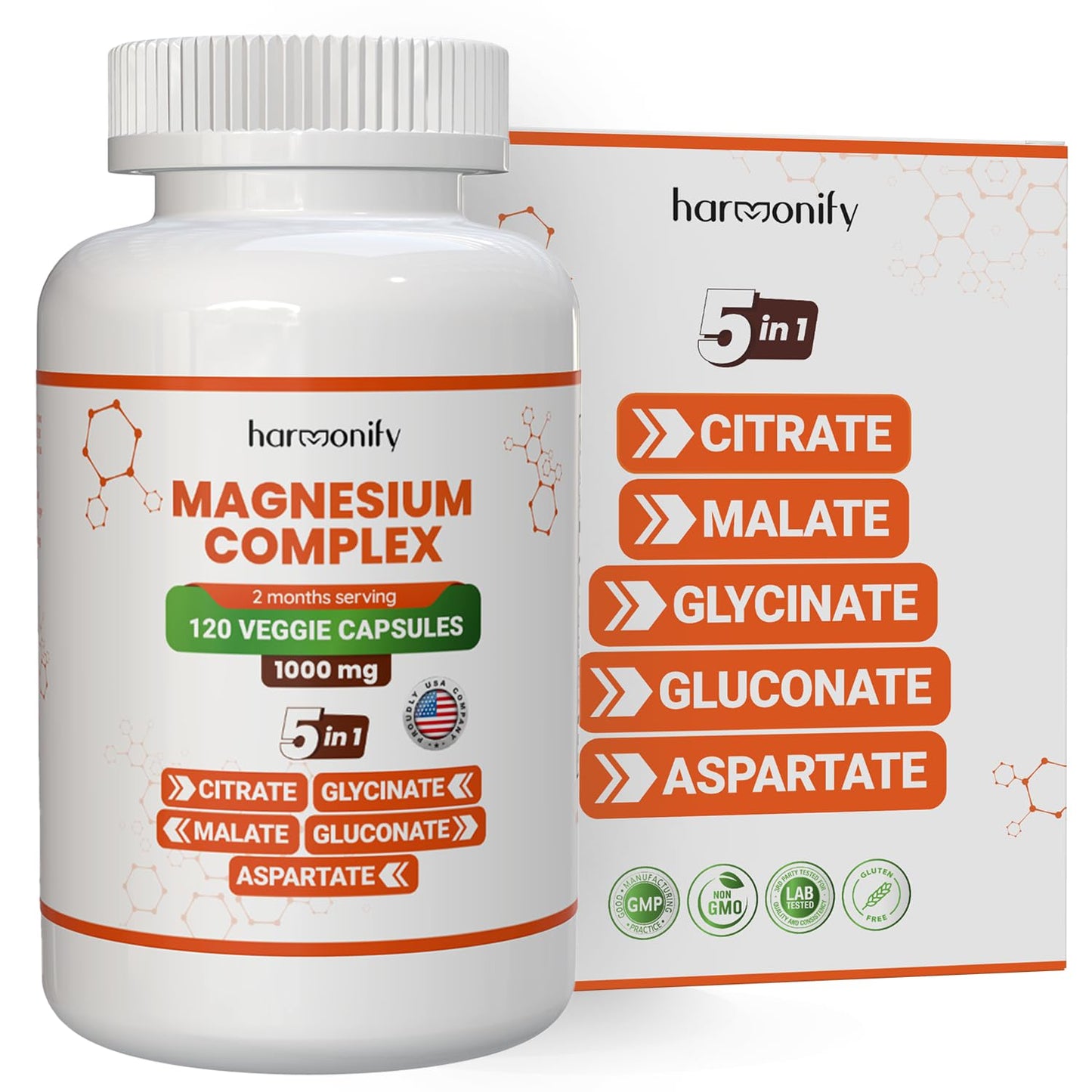HARMONIFY Magnesium Glycinate Citrate Malate Aspartate Gluconate, 5 in 1 Formula, 120 Purified Veggie Capsule, 1000 mg, Gluten Free, Non-GMO, 60 Days Serving - dailyvitalstore