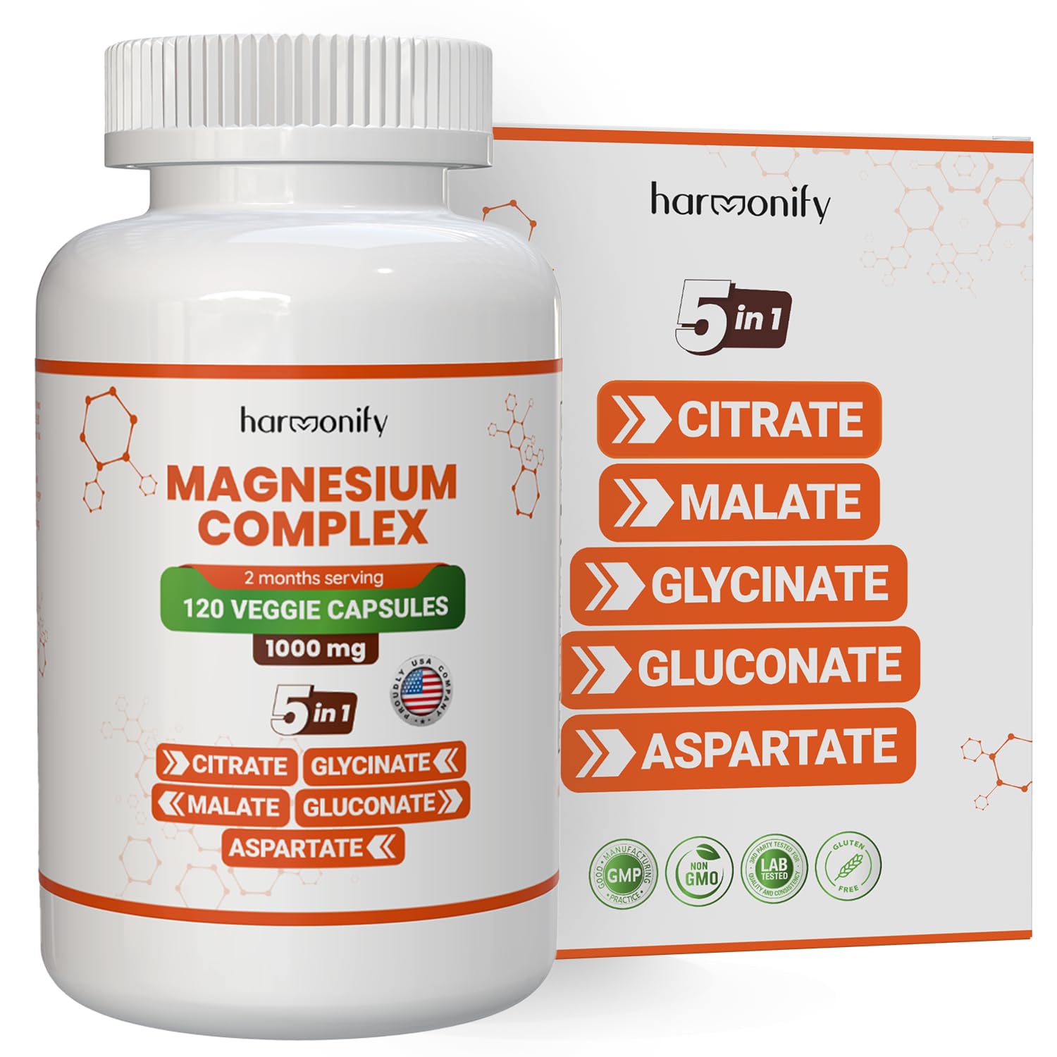HARMONIFY Magnesium Glycinate Citrate Malate Aspartate Gluconate, 5 in 1 Formula, 120 Purified Veggie Capsule, 1000 mg, Gluten Free, Non-GMO, 60 Days Serving - dailyvitalstore