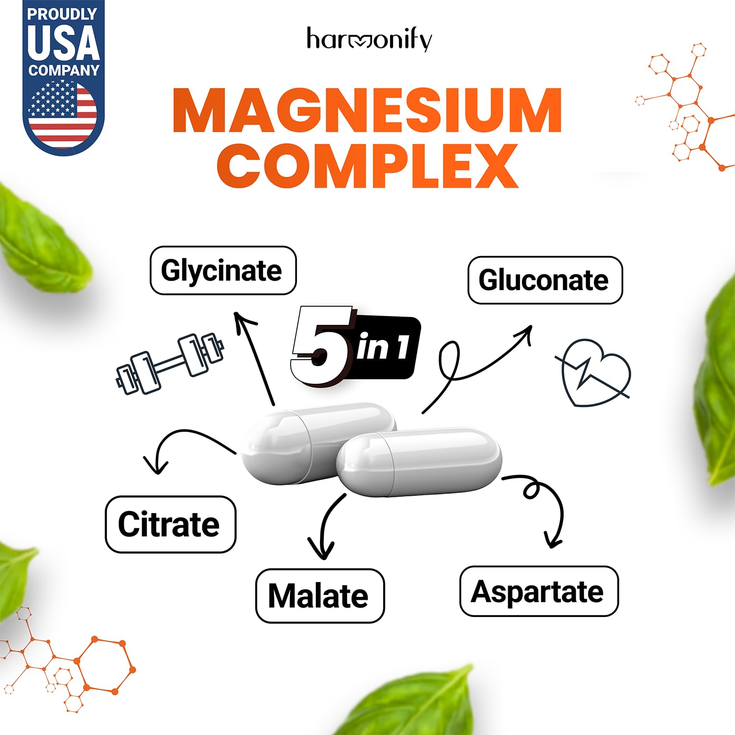 HARMONIFY Magnesium Glycinate Citrate Malate Aspartate Gluconate, 5 in 1 Formula, 120 Purified Veggie Capsule, 1000 mg, Gluten Free, Non-GMO, 60 Days Serving - dailyvitalstore