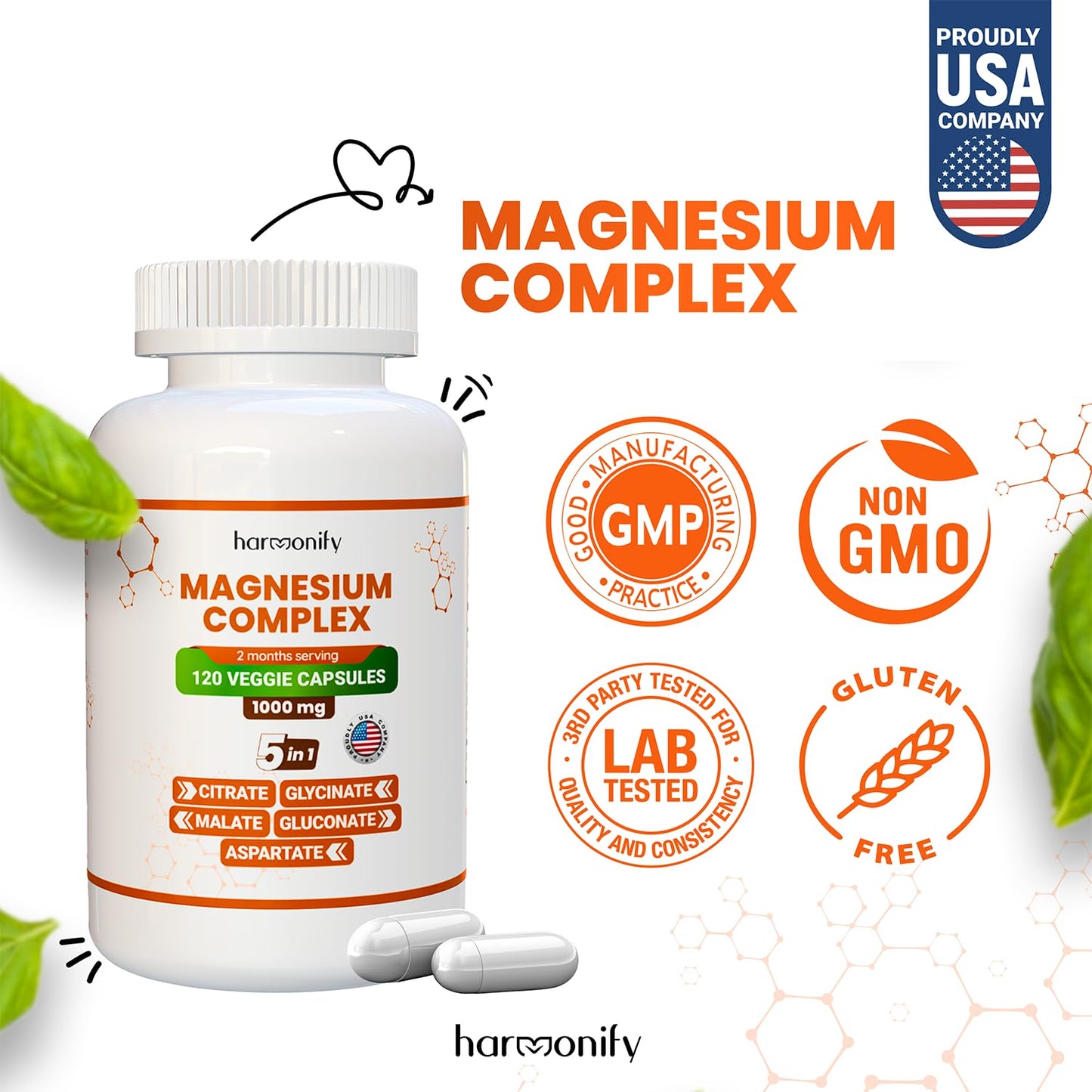 HARMONIFY Magnesium Glycinate Citrate Malate Aspartate Gluconate, 5 in 1 Formula, 120 Purified Veggie Capsule, 1000 mg, Gluten Free, Non-GMO, 60 Days Serving - dailyvitalstore