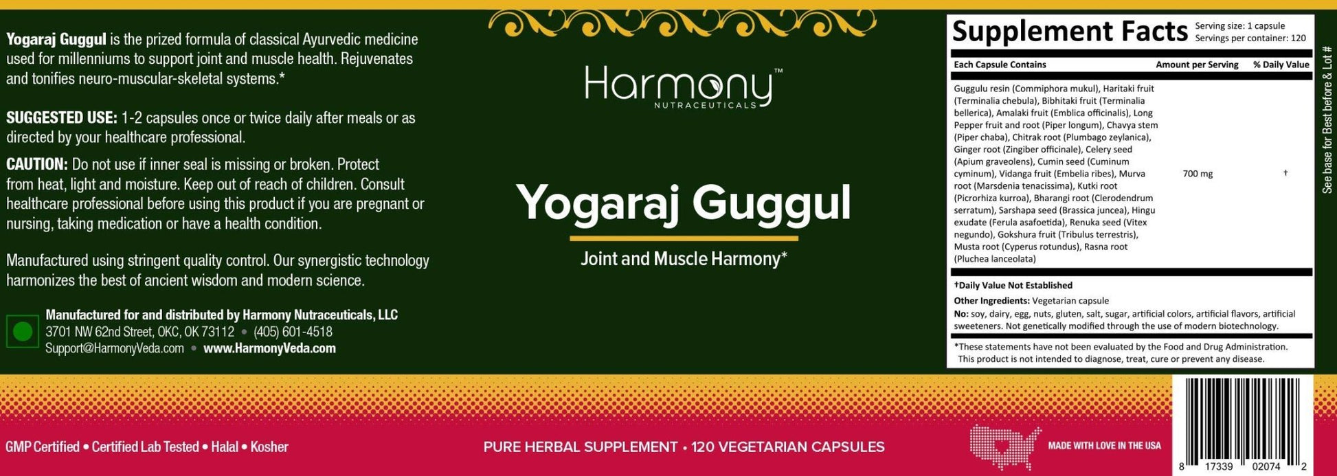 Harmony Nutraceuticals Yogaraj Guggulu - Organic - 120 Capsules - Ayurvedic Herbs for Pain in The Muscles, Nerves & Joints - dailyvitalstore