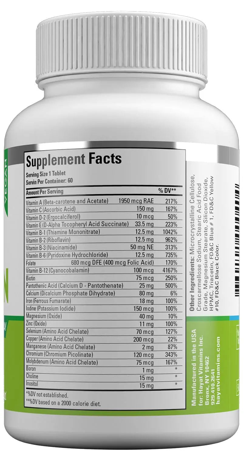 HAYAT Vitamins Vegan Natural Multivitamin, Daily Vitamins with Vitamin A, C, D, E, B1, B2, B3, B6, B12, Biotin, Zinc and More, 2 Month Supply, All Natural - dailyvitalstore