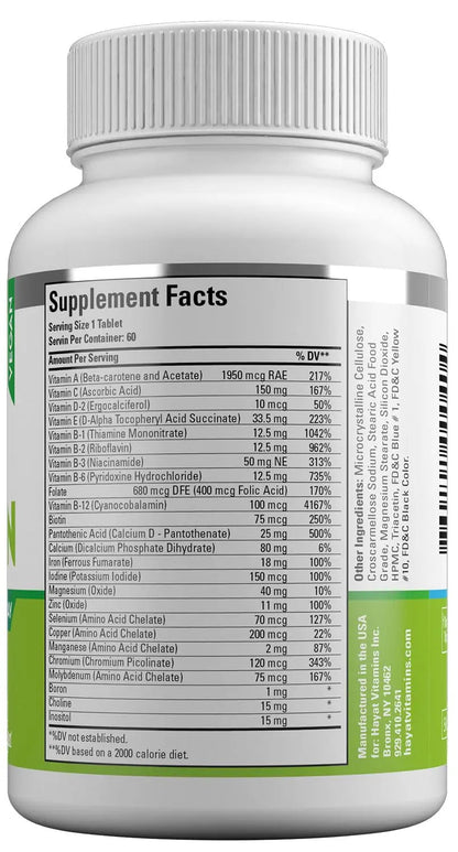 HAYAT Vitamins Vegan Natural Multivitamin, Daily Vitamins with Vitamin A, C, D, E, B1, B2, B3, B6, B12, Biotin, Zinc and More, 2 Month Supply, All Natural - dailyvitalstore