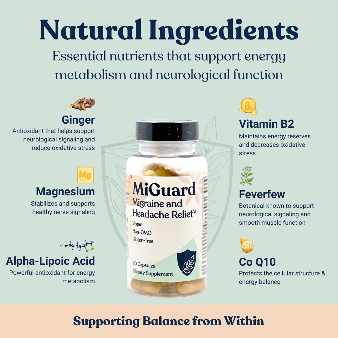 Headache and Migraine Relief Supplements - Drug Free Migraine Prevention Supplement - Natural Supplements for Migraine Headaches - Helps Reduce Frequency & Severity (60 Capsules) - dailyvitalstore