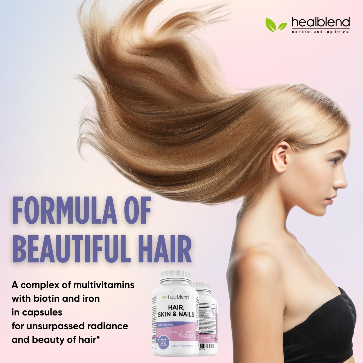 healblend Hair Skin and Nails Vitamins for Women with Biotin 5000 mcg, Iron and Manganese | Vegan, Non-GMO | 60 Capsules - dailyvitalstore
