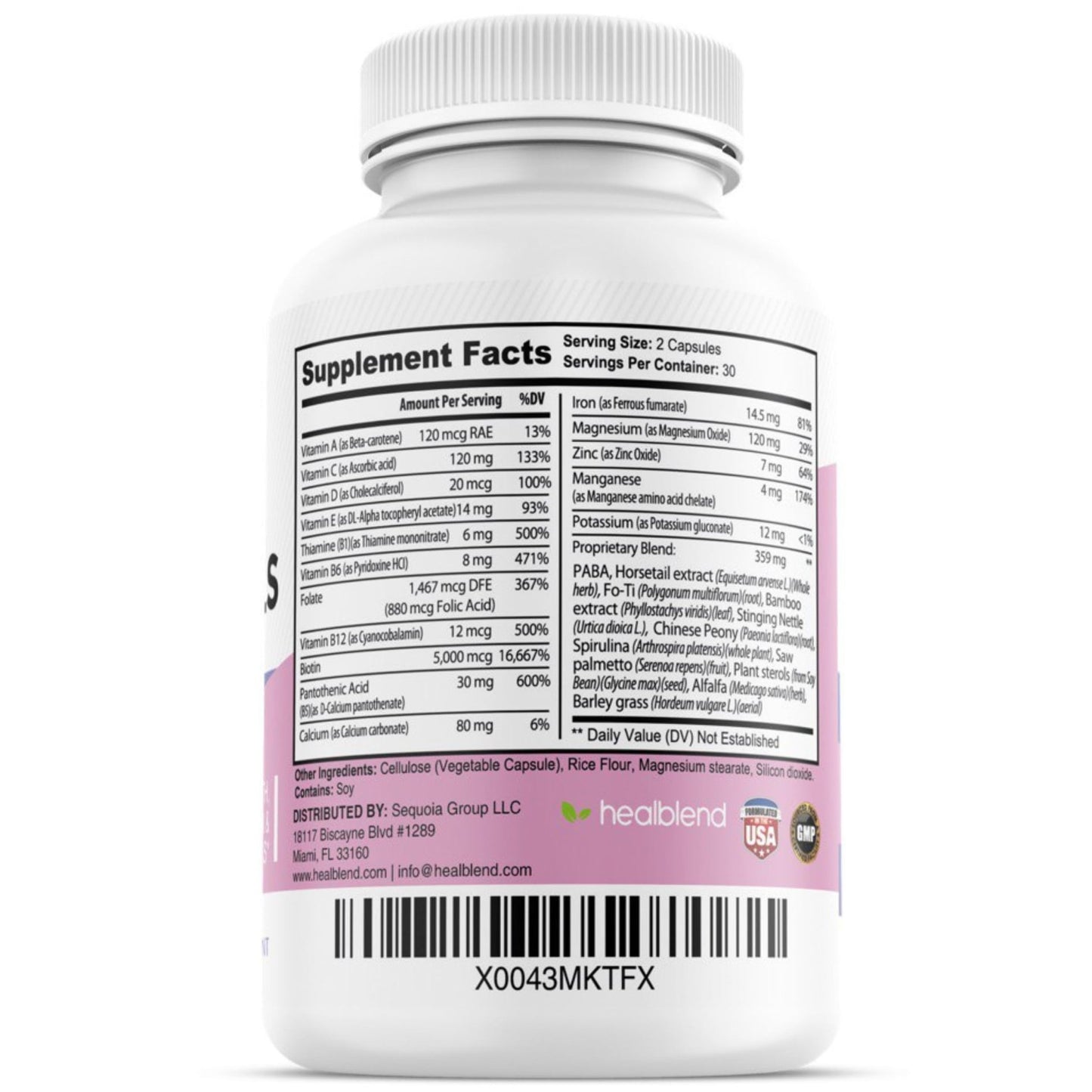 healblend Hair Skin and Nails Vitamins for Women with Biotin 5000 mcg, Iron and Manganese | Vegan, Non-GMO | 60 Capsules - dailyvitalstore