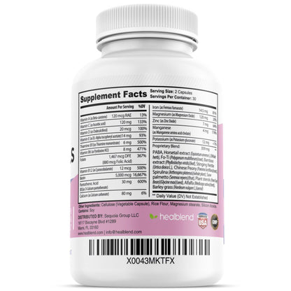 healblend Hair Skin and Nails Vitamins for Women with Biotin 5000 mcg, Iron and Manganese | Vegan, Non-GMO | 60 Capsules - dailyvitalstore