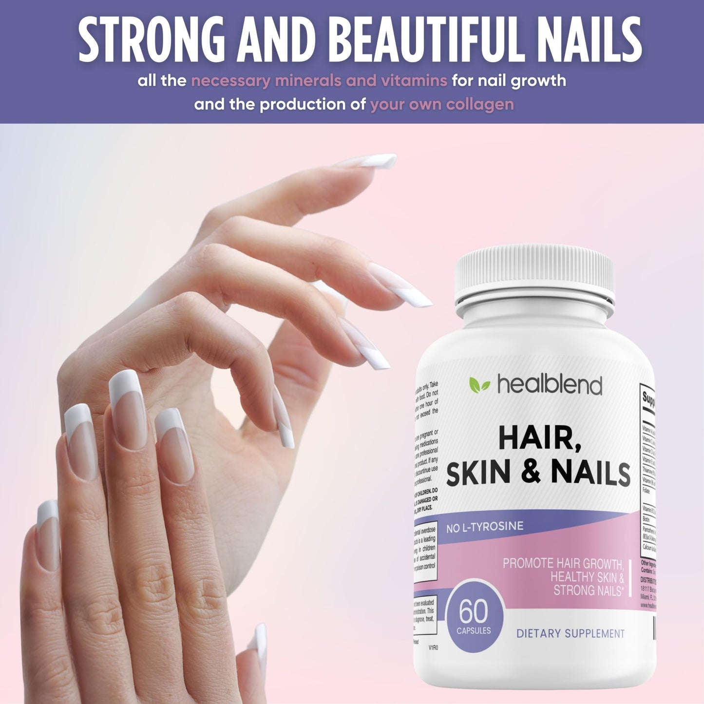 healblend Hair Skin and Nails Vitamins for Women with Biotin 5000 mcg, Iron and Manganese | Vegan, Non-GMO | 60 Capsules - dailyvitalstore
