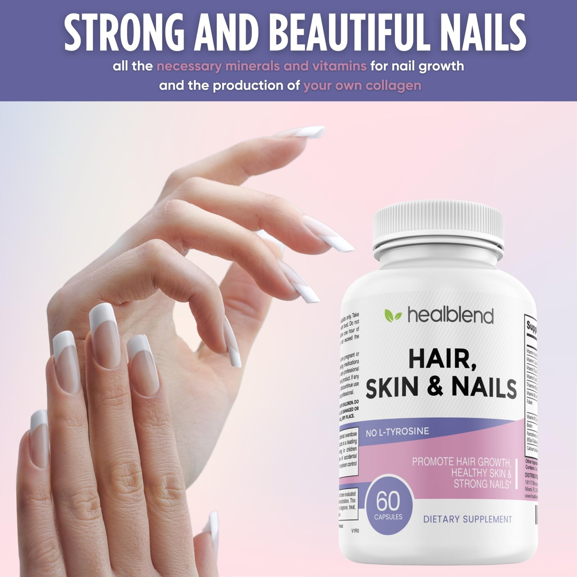 healblend Hair Skin and Nails Vitamins for Women with Biotin 5000 mcg, Iron and Manganese | Vegan, Non-GMO | 60 Capsules - dailyvitalstore