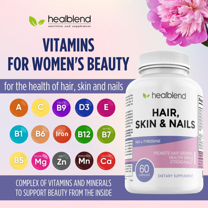 healblend Hair Skin and Nails Vitamins for Women with Biotin 5000 mcg, Iron and Manganese | Vegan, Non-GMO | 60 Capsules - dailyvitalstore