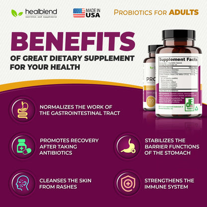 healblend Probiotic Caps Dietary Supplement Capsules, Probiotic for Women and for Men Digestive Health, Immune System Support, Non-GMO, Gluten-Free, 120 Veg Caps - dailyvitalstore