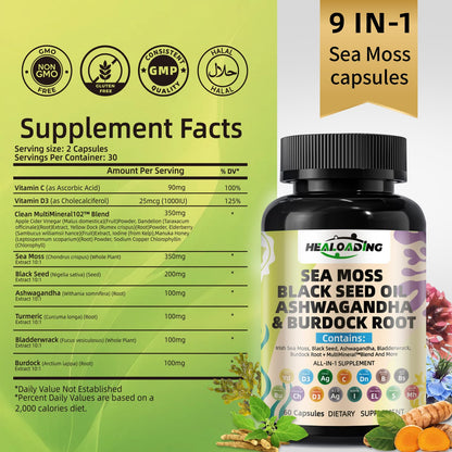 HEALOADING Sea Moss Capsules：Wildcrafted Organic Irish Seamoss & Bladderwack - Rich in Minerals, Supports Thyroid Health, Digestion, Skin & Immune System - Vegan, Non-GMO - dailyvitalstore