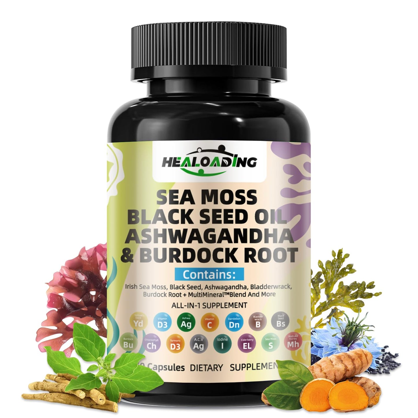 HEALOADING Sea Moss Capsules：Wildcrafted Organic Irish Seamoss & Bladderwack - Rich in Minerals, Supports Thyroid Health, Digestion, Skin & Immune System - Vegan, Non-GMO - dailyvitalstore