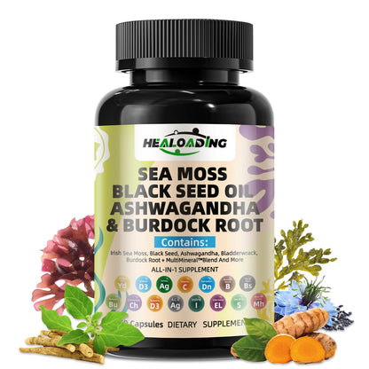 HEALOADING Sea Moss Capsules：Wildcrafted Organic Irish Seamoss & Bladderwack - Rich in Minerals, Supports Thyroid Health, Digestion, Skin & Immune System - Vegan, Non-GMO - dailyvitalstore