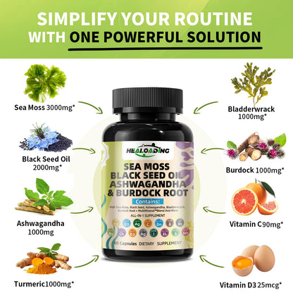 HEALOADING Sea Moss Capsules：Wildcrafted Organic Irish Seamoss & Bladderwack - Rich in Minerals, Supports Thyroid Health, Digestion, Skin & Immune System - Vegan, Non-GMO - dailyvitalstore