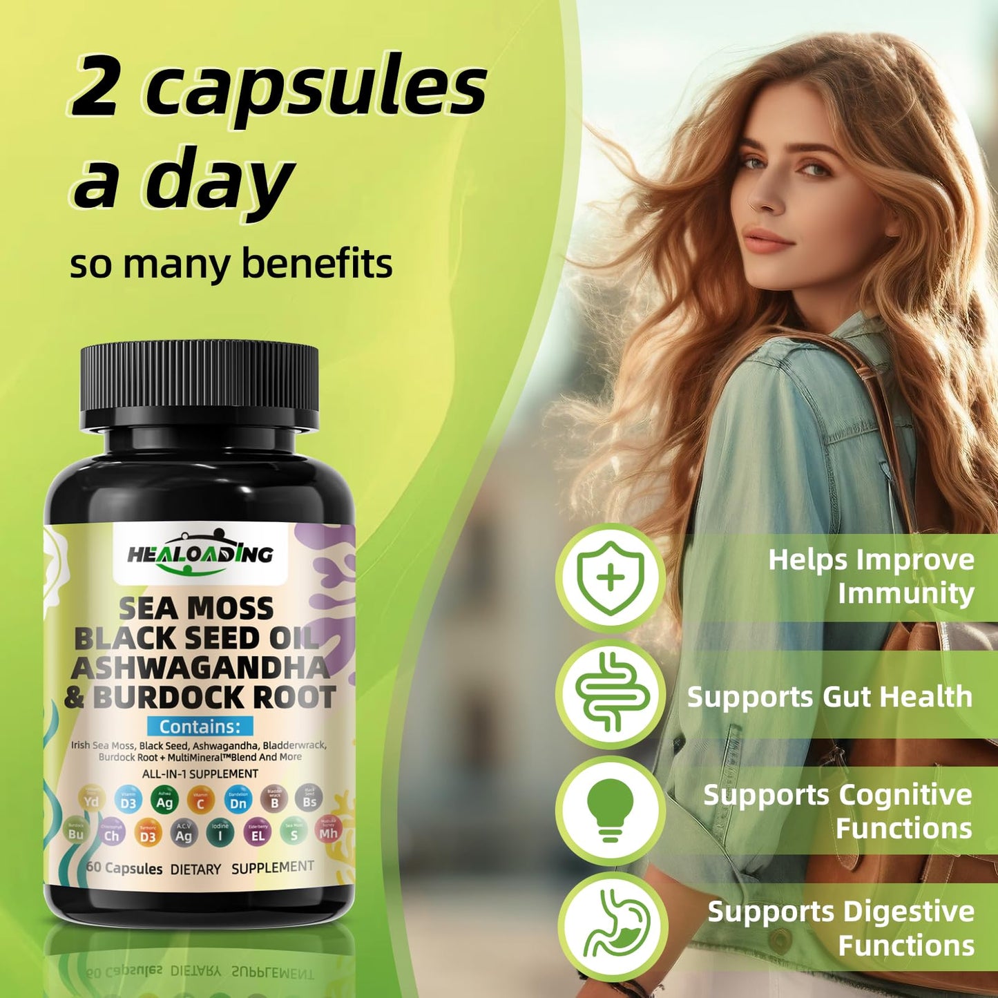 HEALOADING Sea Moss Capsules：Wildcrafted Organic Irish Seamoss & Bladderwack - Rich in Minerals, Supports Thyroid Health, Digestion, Skin & Immune System - Vegan, Non-GMO - dailyvitalstore