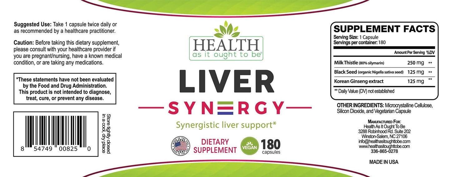 Health As It Ought To Be Liver Syn3rgy Supplement | Physician Formulated Capsules with Milk Thistle, Black Seed, Korean Ginseng | 180 Capsules - dailyvitalstore