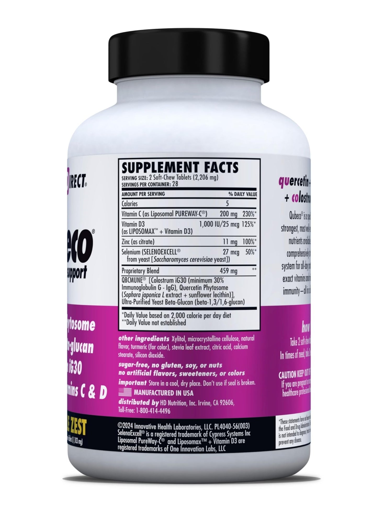 HEALTH DIRECT - Qubeco Immune Support with Vitamin D3, Liposomal Vitamin C, Quercetin, Beta-Glucan, Colostrum, Zinc, Selenium - Clinical Strength – 56 Soft Chew Tabs - 28 Day Supply - Pineapple Zest - dailyvitalstore