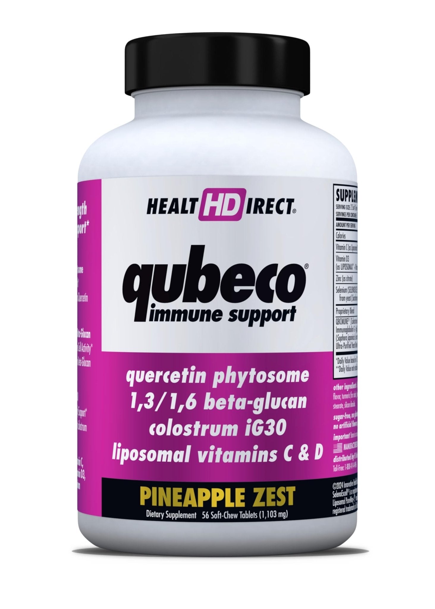 HEALTH DIRECT - Qubeco Immune Support with Vitamin D3, Liposomal Vitamin C, Quercetin, Beta-Glucan, Colostrum, Zinc, Selenium - Clinical Strength – 56 Soft Chew Tabs - 28 Day Supply - Pineapple Zest - dailyvitalstore