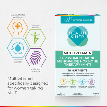 Health & Her Multivitamin for Women Taking Menopause Hormone Therapy (MHT/HRT) - Supplements for Women - Nutrition and Wellbeing Support - 1 Month Supply, 60 Tablets - Vegan & Gluten Free - dailyvitalstore
