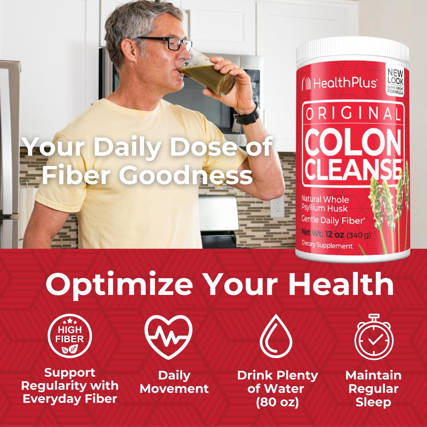 Health Plus Colon Cleanse - Natural Daily Fiber Powder- Gluten Free, Detox, Heart Healthy (12 Ounces, 48 Servings) - dailyvitalstore