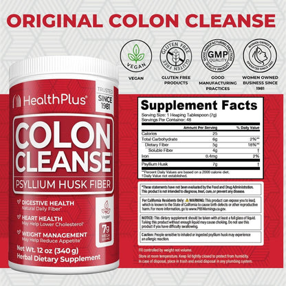 Health Plus Colon Cleanse - Natural Daily Fiber Powder- Gluten Free, Detox, Heart Healthy (12 Ounces, 48 Servings) - dailyvitalstore