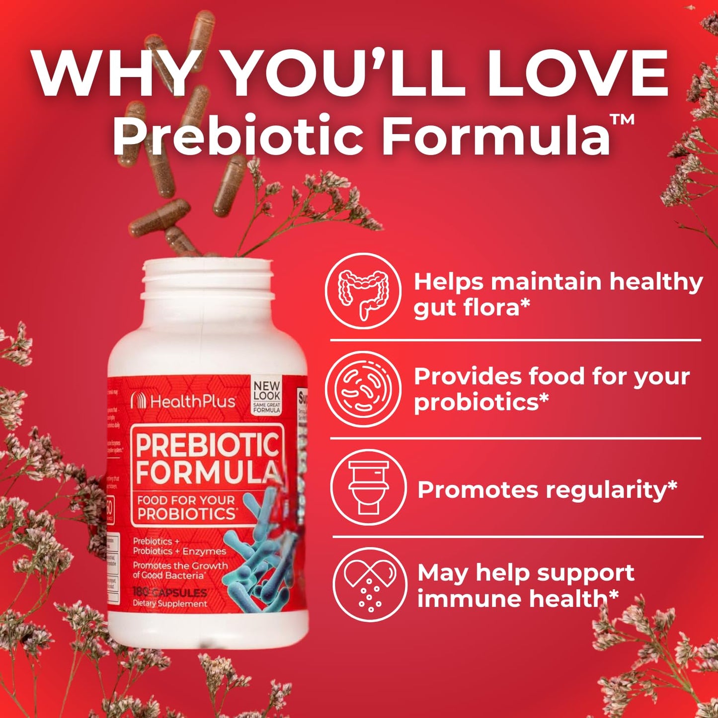 Health Plus Prebiotic Formula - Probiotics + Prebiotics + Digestive Enzymes - Gluten Free, Dairy Free, Natural Herbal Ingredients - dailyvitalstore