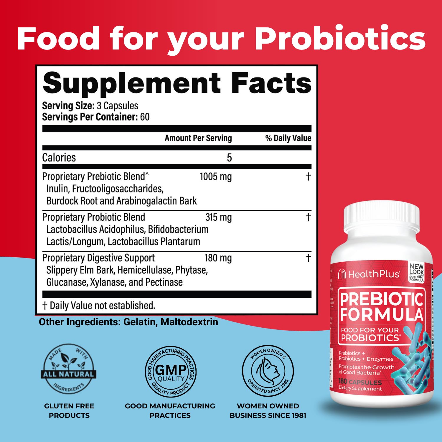 Health Plus Prebiotic Formula - Probiotics + Prebiotics + Digestive Enzymes - Gluten Free, Dairy Free, Natural Herbal Ingredients - dailyvitalstore