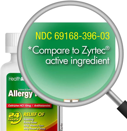 HealthA2Z® Allergy Relief, Cetirizine 10mg, Dye Free, All Day Allergy Relief, Indoor & Outdoor, Relief from Itchy Throat, Sneezing, Runny Noses, 300 Count (Pack of 1), - dailyvitalstore