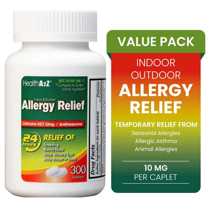 HealthA2Z® Allergy Relief, Cetirizine 10mg, Dye Free, All Day Allergy Relief, Indoor & Outdoor, Relief from Itchy Throat, Sneezing, Runny Noses, 300 Count (Pack of 1), - dailyvitalstore