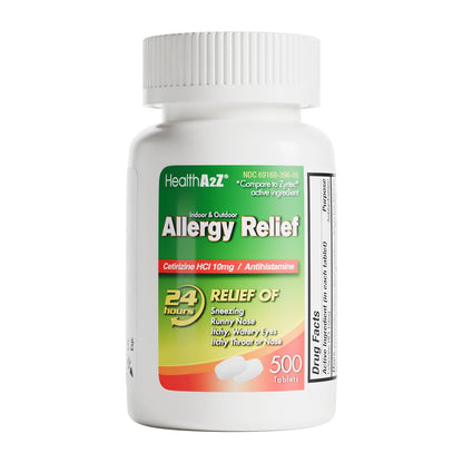 HealthA2Z® Allergy Relief, Cetirizine 10mg, Dye-Free Formula, 24-Hour Antihistamine, Indoor & Outdoor Allergy Relief, 500 Tablets - dailyvitalstore