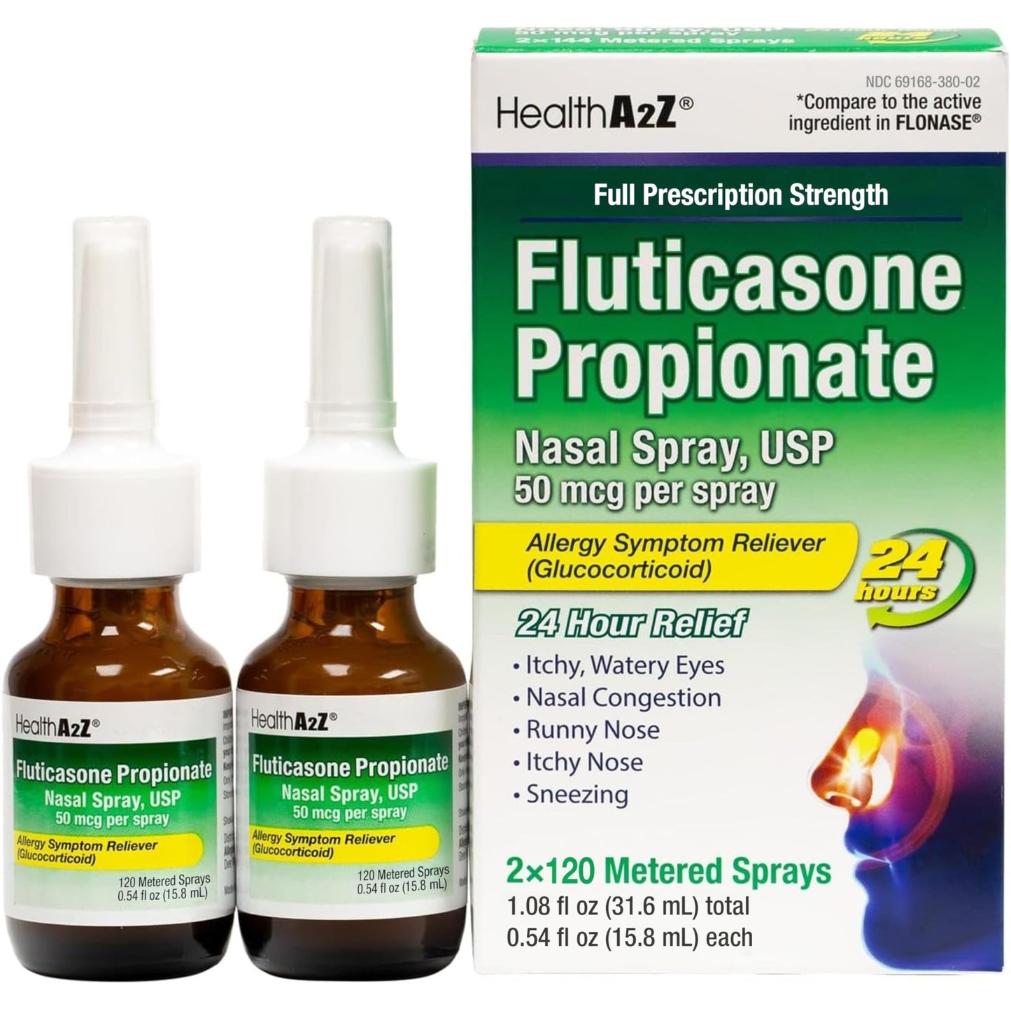 HealthA2Z® Allergy Relief, Fluticasone Propionate 50mcg, Nasal Spray, 24-Hour Allergy Relief, Dye Free, 240 Sprays (2 Pack, 120 Sprays Each) - dailyvitalstore