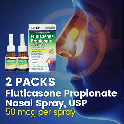 HealthA2Z® Allergy Relief, Fluticasone Propionate 50mcg, Nasal Spray, 24-Hour Allergy Relief, Dye Free, 240 Sprays (2 Pack, 120 Sprays Each) - dailyvitalstore