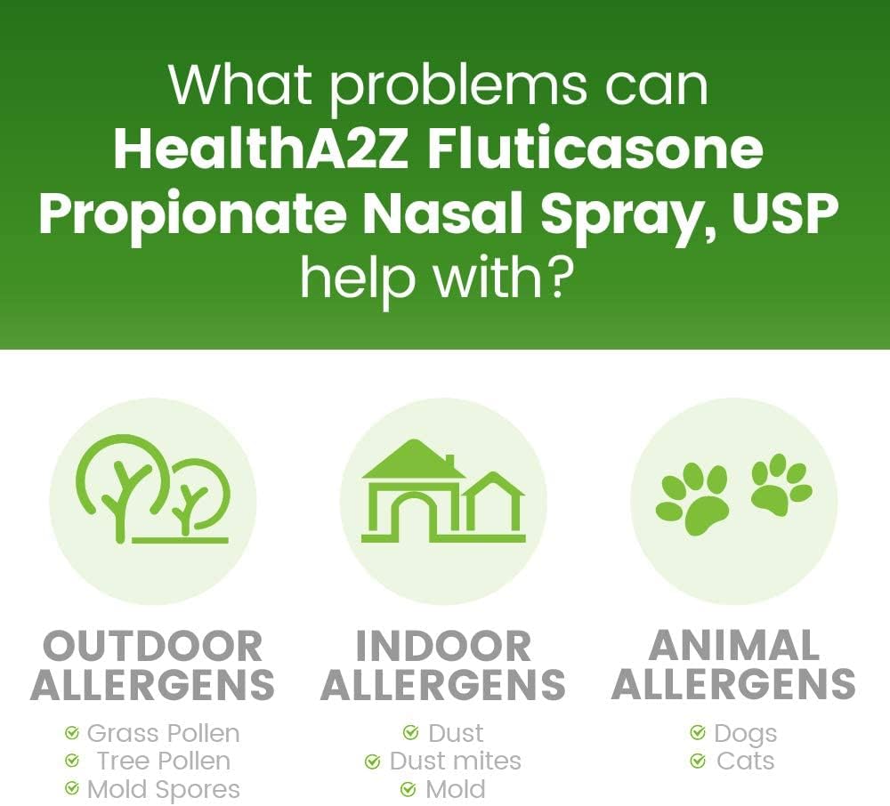 HealthA2Z® Allergy Relief, Fluticasone Propionate 50mcg, Nasal Spray, 24-Hour Allergy Relief, Dye Free, 240 Sprays (2 Pack, 120 Sprays Each) - dailyvitalstore