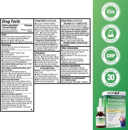 HealthA2Z® Allergy Relief, Fluticasone Propionate 50mcg, Nasal Spray, 24-Hour Allergy Relief, Nasal Decongestant, Dye Free, 72 Sprays (0.38 fl oz) - dailyvitalstore