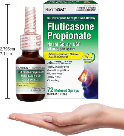HealthA2Z® Allergy Relief, Fluticasone Propionate 50mcg, Nasal Spray, 24-Hour Allergy Relief, Nasal Decongestant, Dye Free, 72 Sprays (0.38 fl oz) - dailyvitalstore
