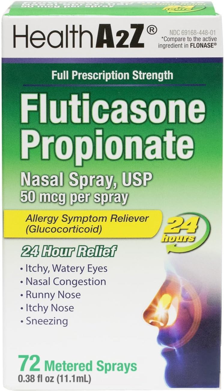 HealthA2Z® Allergy Relief, Fluticasone Propionate 50mcg, Nasal Spray, 24-Hour Allergy Relief, Nasal Decongestant, Dye Free, 72 Sprays (0.38 fl oz) - dailyvitalstore
