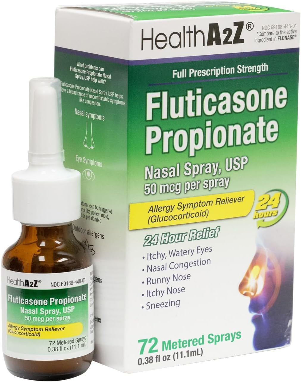 HealthA2Z® Allergy Relief, Fluticasone Propionate 50mcg, Nasal Spray, 24-Hour Allergy Relief, Nasal Decongestant, Dye Free, 72 Sprays (0.38 fl oz) - dailyvitalstore