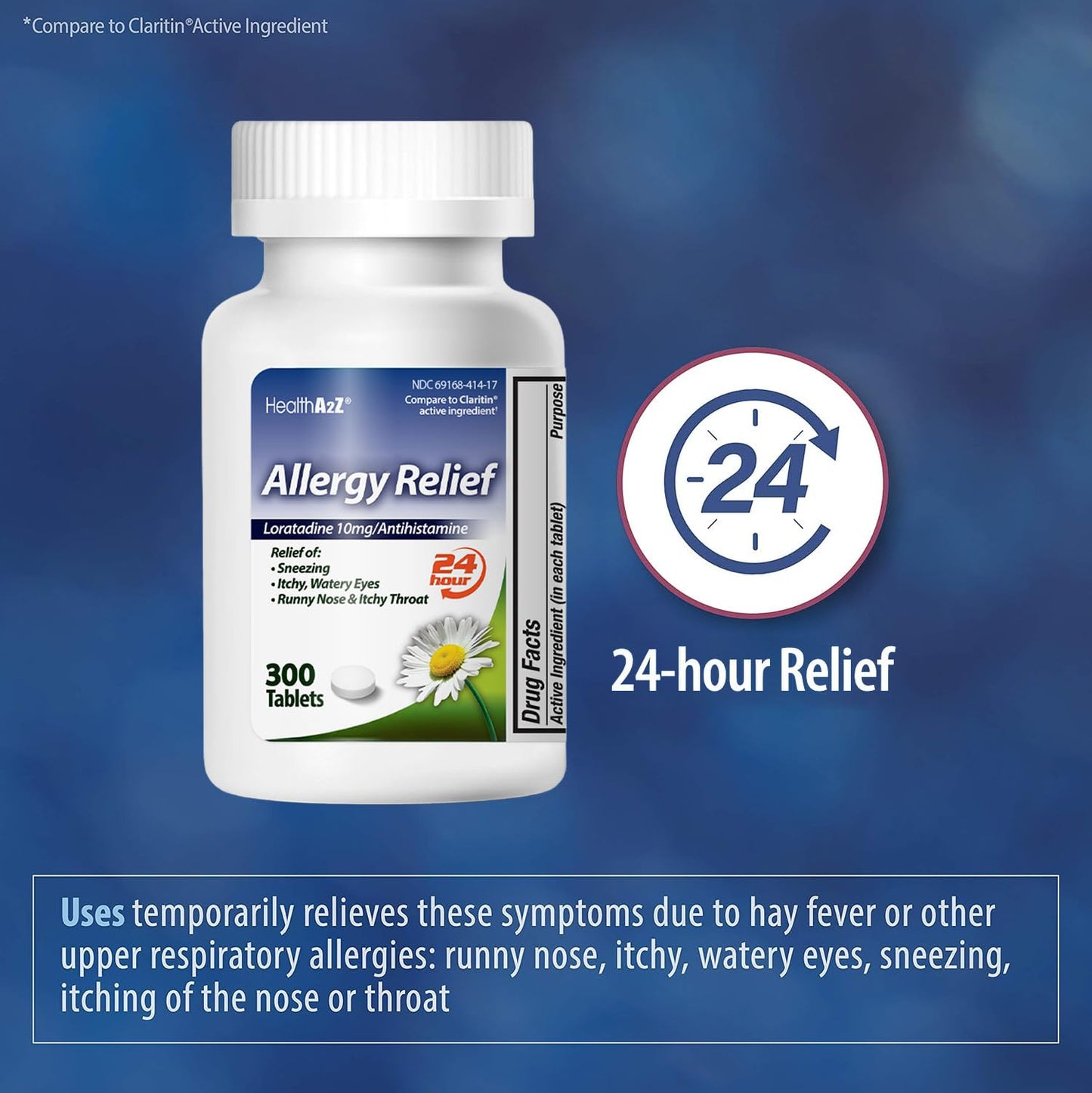 HealthA2Z® Allergy Relief, Loratadine 10mg, 24-Hour Antihistamine, Dye Free, Indoor & Outdoor Allergy Relief, 300 Tablets - dailyvitalstore