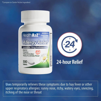 HealthA2Z® Allergy Relief | Loratadine 10mg Antihistamine | 500 Tablets | Dye Free | Relief from Itchy Throat, Sneezing, Runny Noses | 24-Hours Allergy Medicine - dailyvitalstore