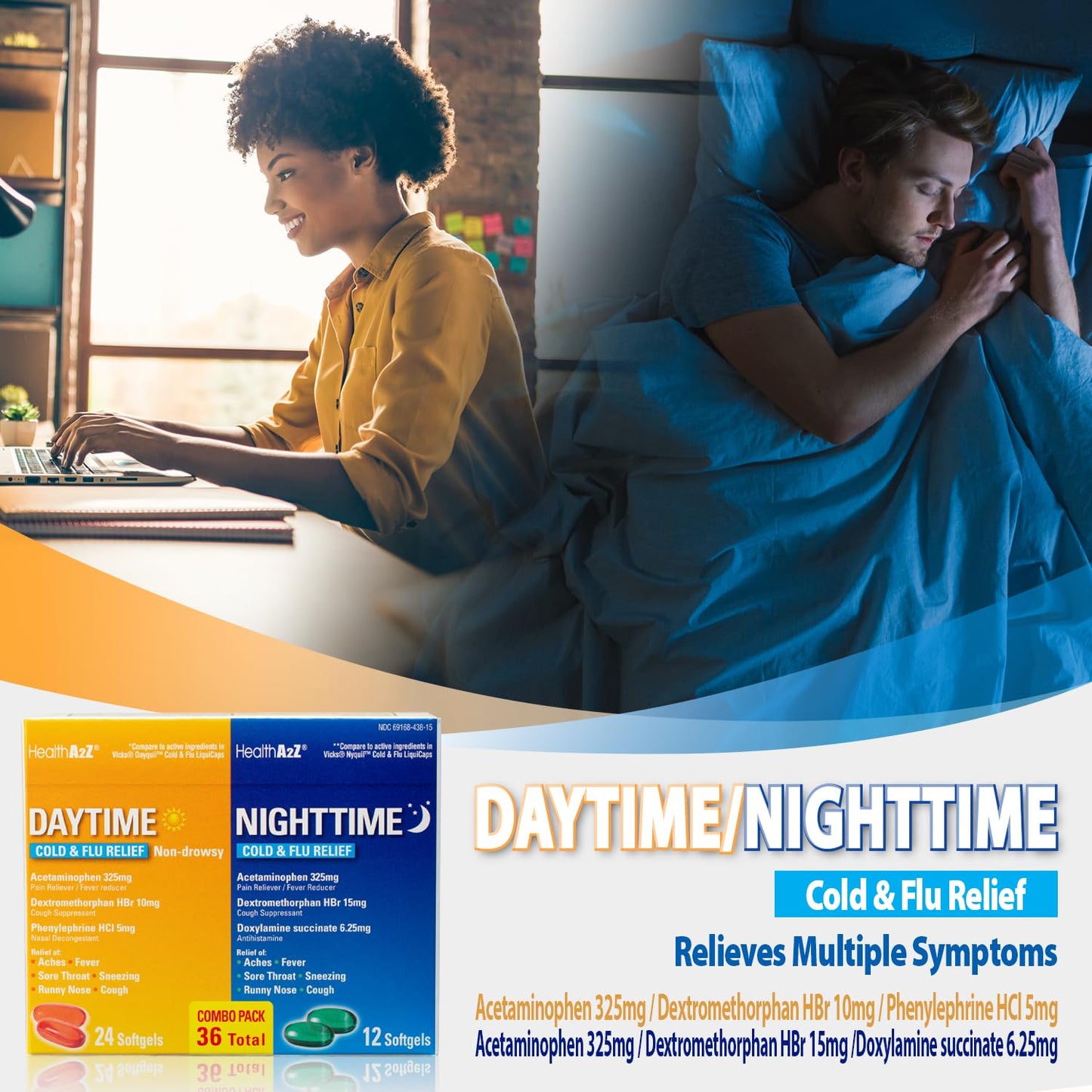 HealthA2Z® Daytime and Nighttime | Cold & Flu Medicine | Powerful Multi-Symptom Relief (24 Daytime & 12 Nighttime Softgels) (Combo (36 Count Pack of 1)) - dailyvitalstore