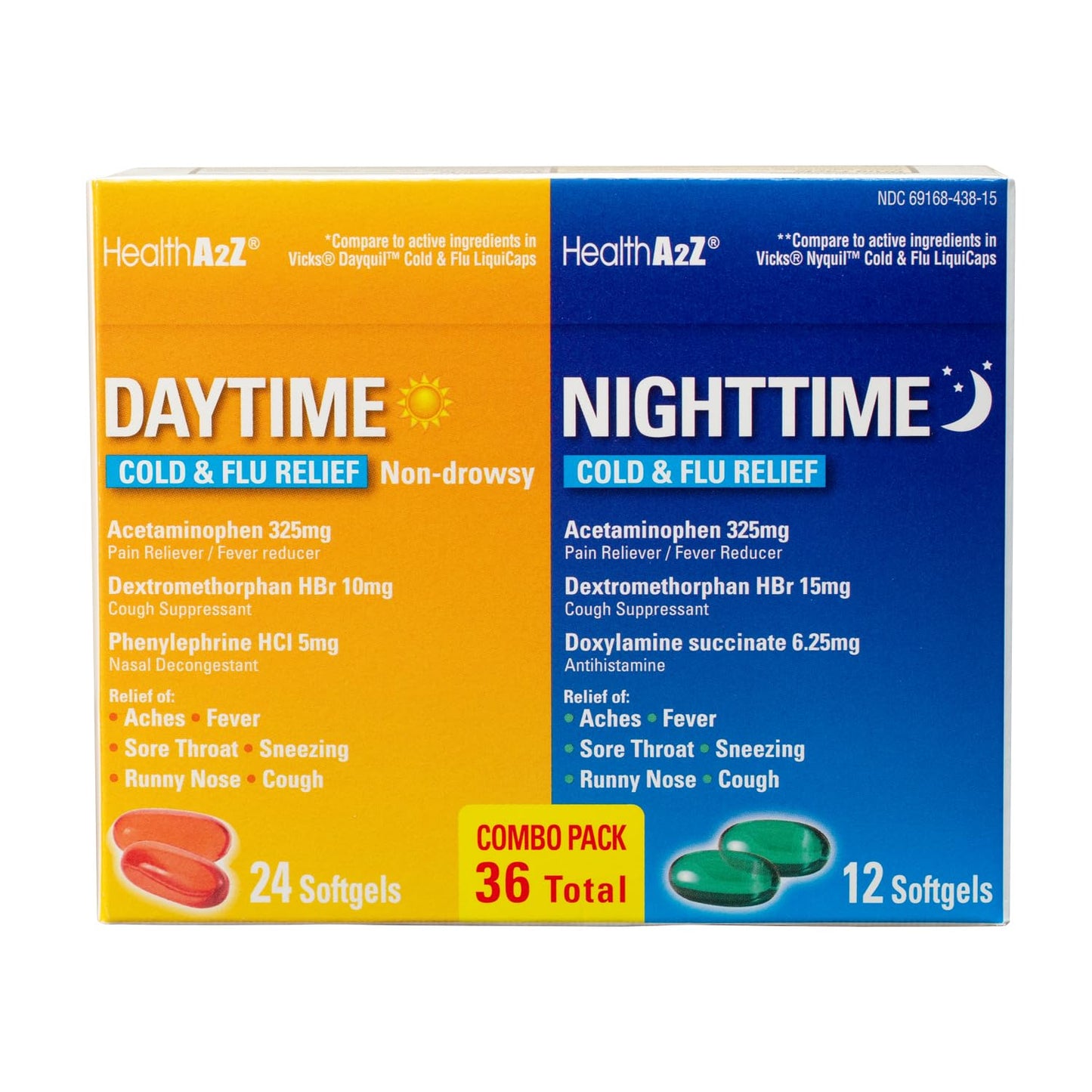HealthA2Z® Daytime and Nighttime | Cold & Flu Medicine | Powerful Multi-Symptom Relief (24 Daytime & 12 Nighttime Softgels) (Combo (36 Count Pack of 1)) - dailyvitalstore
