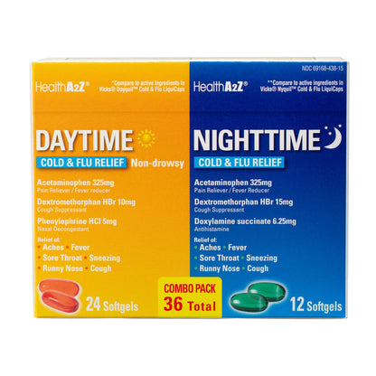 HealthA2Z® Daytime and Nighttime | Cold & Flu Medicine | Powerful Multi-Symptom Relief (24 Daytime & 12 Nighttime Softgels) (Combo (36 Count Pack of 1)) - dailyvitalstore