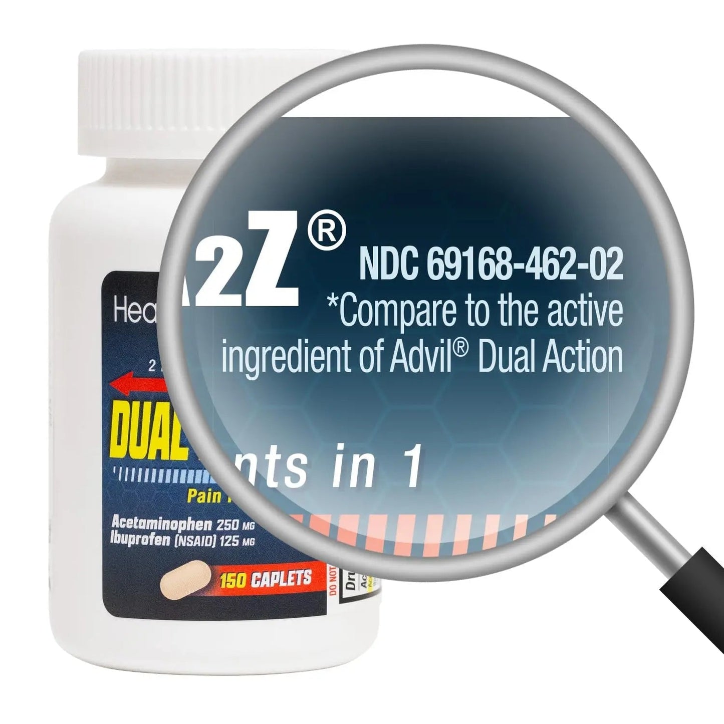 HealthA2Z® Dual Action Pain Relief | Acetaminophen 250mg & Ibuprofen (NSAID) 125mg | Contains Two Medicines | Relief from Headache, Fever & Backache (150 Caplets) - dailyvitalstore