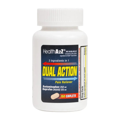 HealthA2Z® Dual Action Pain Relief | Acetaminophen 250mg & Ibuprofen (NSAID) 125mg | Contains Two Medicines | Relief from Headache, Fever & Backache (150 Caplets) - dailyvitalstore