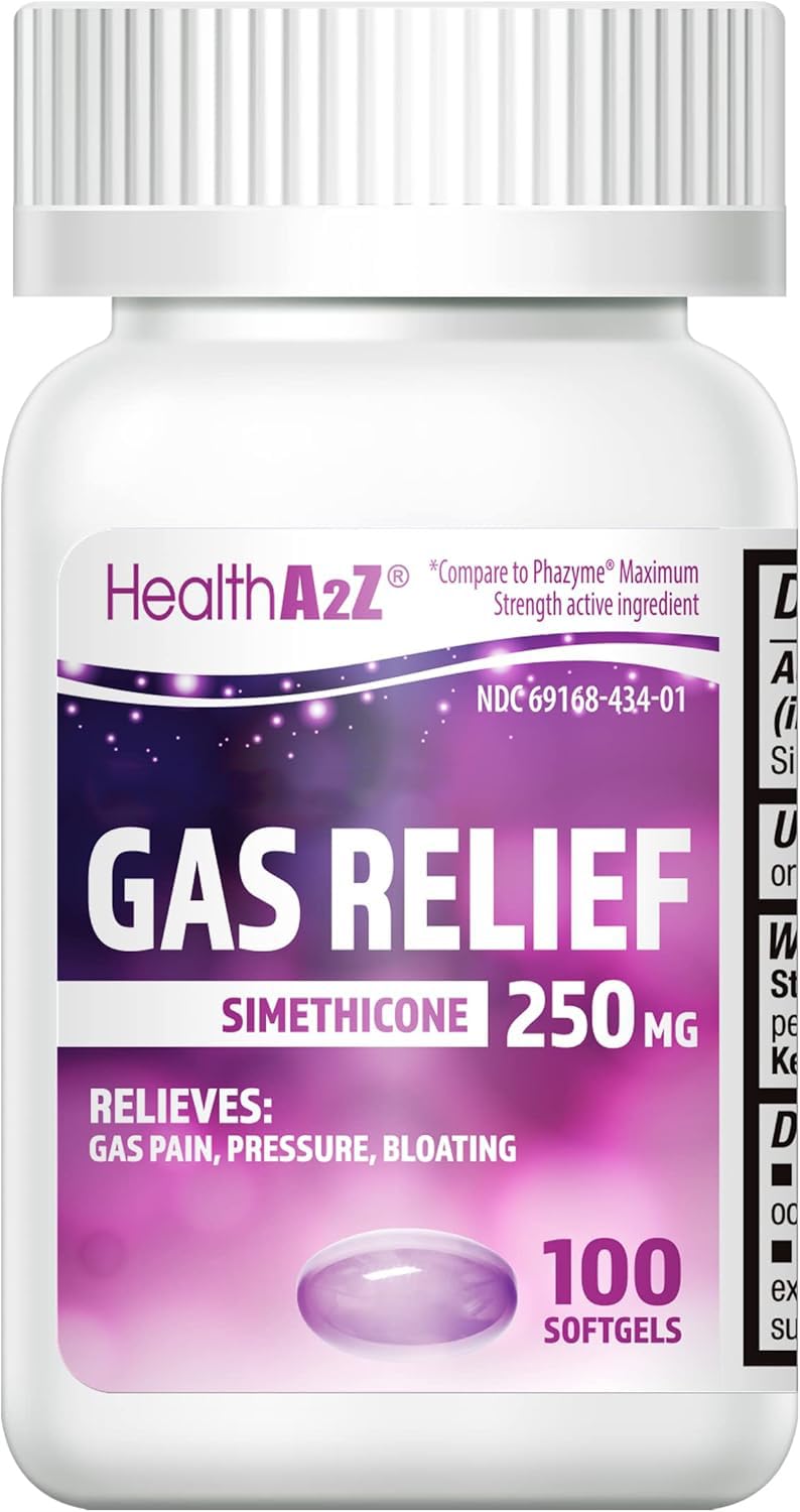 HealthA2Z® Gas Relief Simethicone 250mg, Fast Gas & Bloating Relief, Relieve Symptoms Naturally, 100 Softgels (Pack of 1) - dailyvitalstore