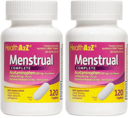 HealthA2Z® Menstrual Complete Pain Relief Tablets | Relieves Cramps, Bloating, Fatigue, Backache & Headache (120 Counts) (Pack of 2) - dailyvitalstore