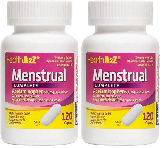 HealthA2Z® Menstrual Complete Pain Relief Tablets | Relieves Cramps, Bloating, Fatigue, Backache & Headache (120 Counts) (Pack of 2) - dailyvitalstore