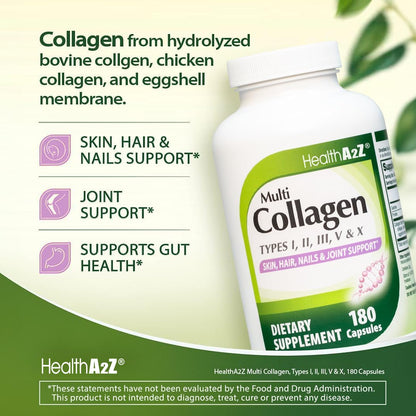 HealthA2Z Multi Collagen pills 1735mg -180 collagen capsules (60 servings) - Types I, II, III, V & X for Healthy Skin, Hair, Nails & Joint Support - dailyvitalstore